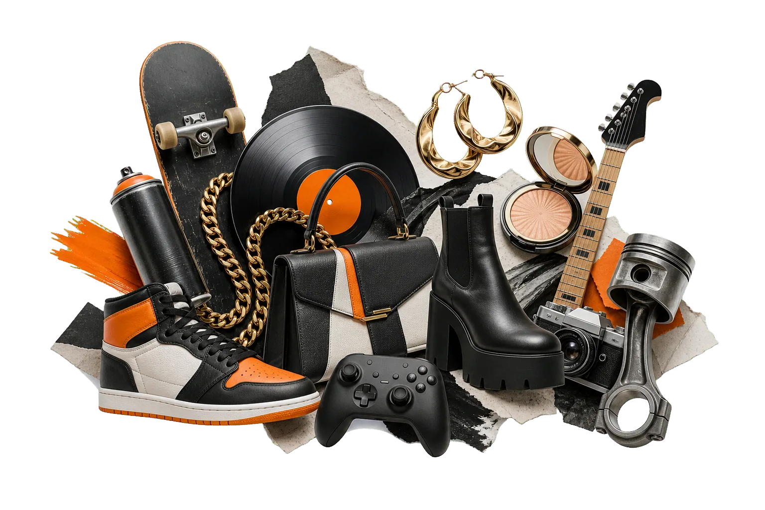 A curated arrangement of sneakers, a skateboard, vinyl, jewelry, beauty, a handbag, a guitar, gaming, and automotive pieces